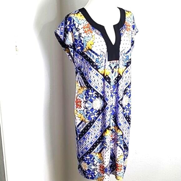 Laundry by Shelli Segal Blue & Yellow Floral Dress with Black Trim, Size Medium - Picture 2 of 8